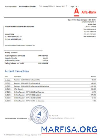 Printable Belarus Alfa bank statement excel sample